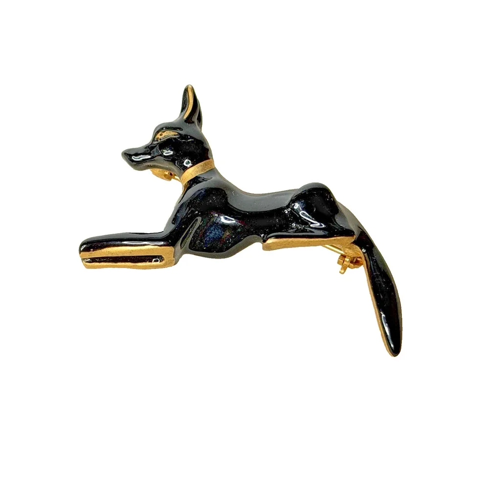 Anubis Egyptian Dog God Jackal Figural Brooch Pin Couchant Pose Black Gold